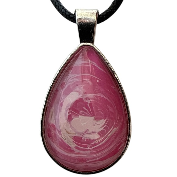 Hand Crafted Jewelry - Handmade Pink and White Fluid Art Teardrop Pendant Necklace One of a Kind